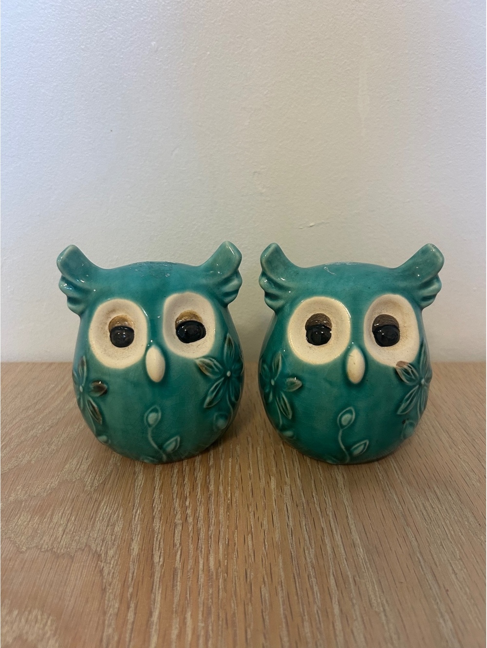 Vintage Teal Ceramic Owl Figurines Set of 2 Floral Turquoise Boho Cottage Decor